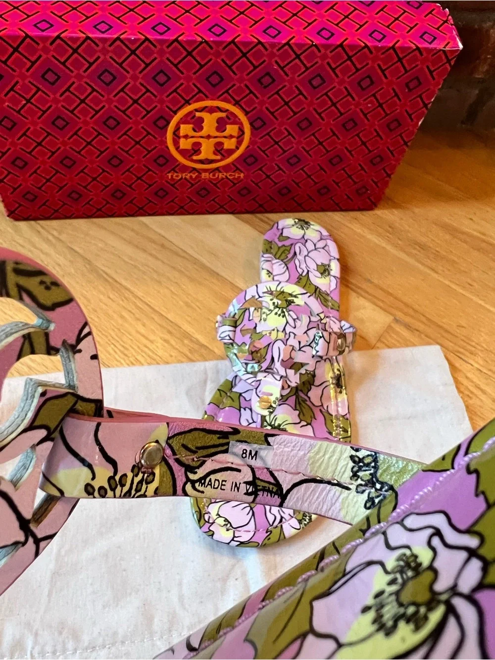 Tory Burch Lavender Purple Floral Printed Patent Leather Miller Sandals